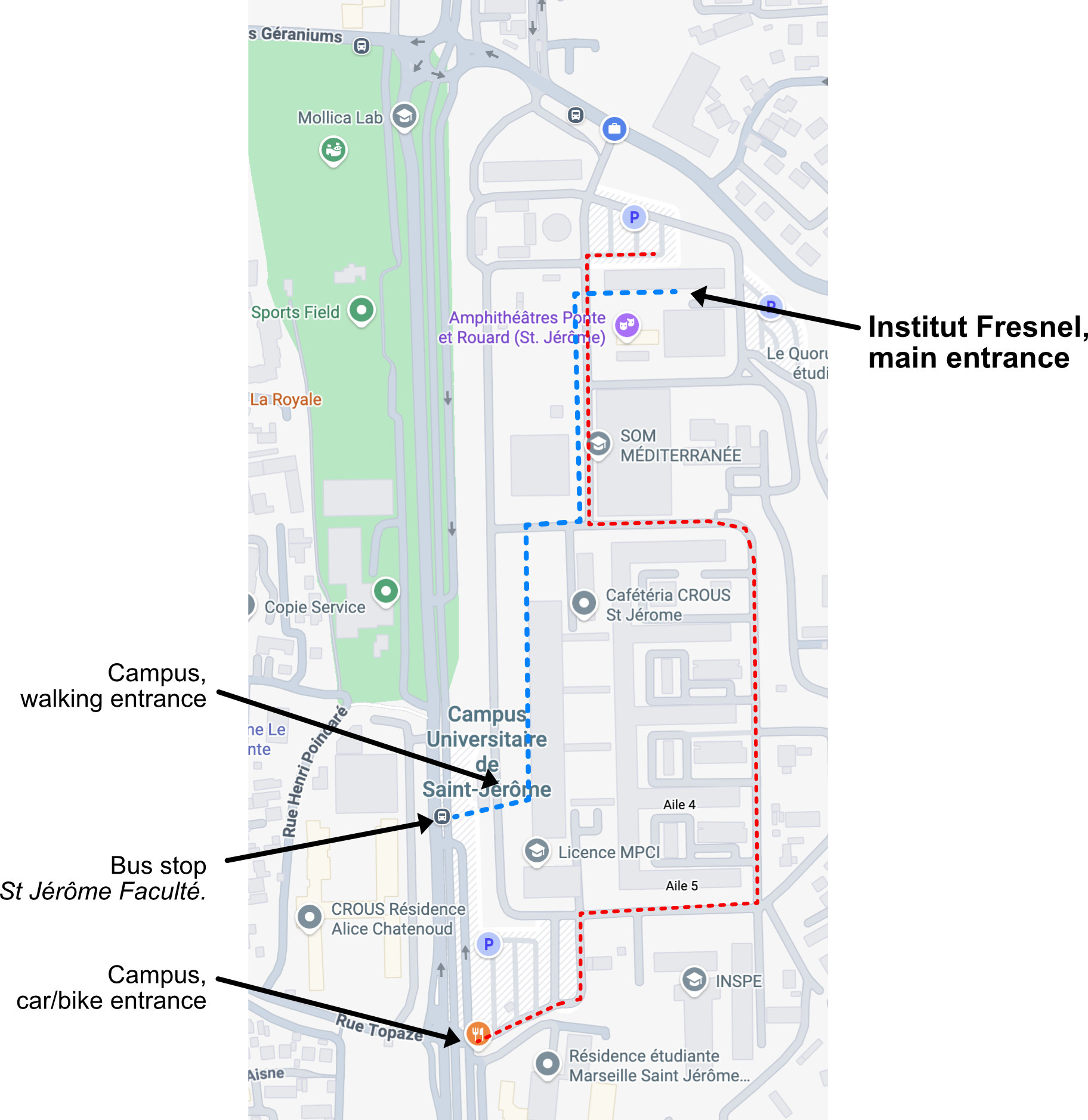Campus map with blue walking path and red car or bike path to Institut Fresnel