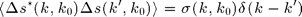 $$ \langle \Delta s^\ast(k,k_0)\Delta s(k',k_0) \rangle=\sigma(k,k_0)\delta(k-k') $$