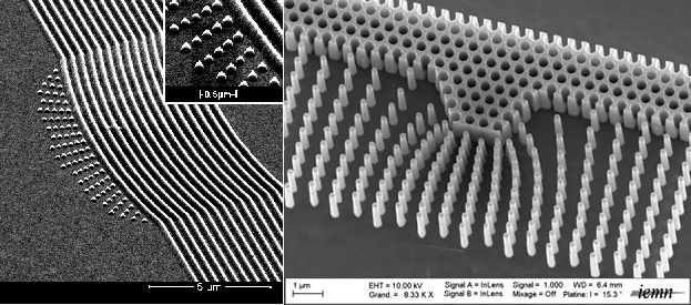 Invisibility carpets for plasmon (Left : design from Institut Fresnel, fabrication and characterization from ICFO / Barcelona) and for guided waves (Right : design from Institut Fresnel, fabrication in IEMN / Lille and characterization ICB / Dijon). 